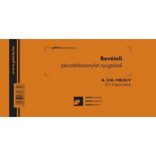 B.318-100/A/V 25x3 "Bevételi pénztárbizonylat nyugtával" nyomtatvány