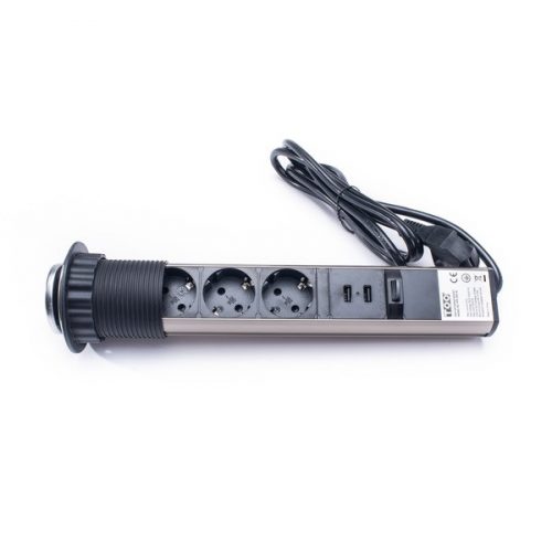 TOO PPS-305-3C IP20, 3x 2P+F, 2x USB-A, króm asztalba süllyeszthető elosztó