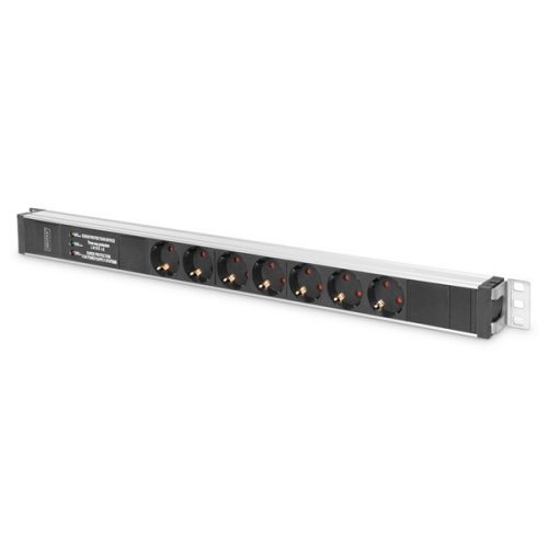 DIGITUS 19" 1U PDU 230V 16A 7xCEE 7/3 aljzat CEE7/7 csatlakozó túlfeszültség védelemmel és vonalszűrővel 2M elosztósor