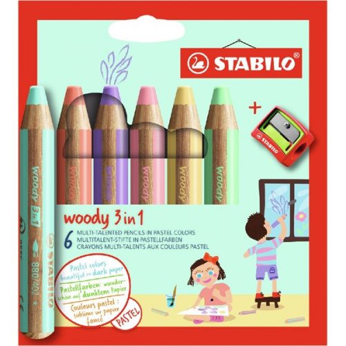 Stabilo woody 3in1 Pastel 6 db/csomag krétaceruza készlet hegyezővel