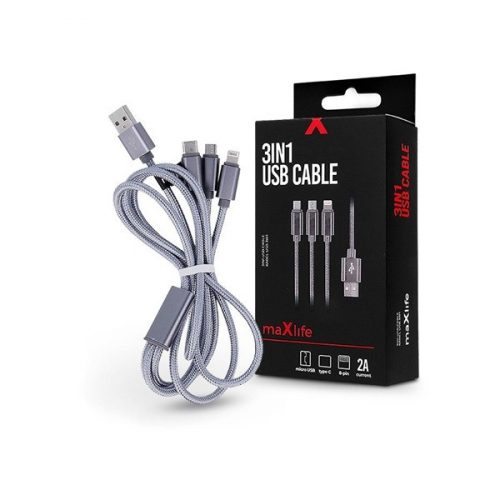 Maxlife TF-0168 1m 3in1 Lightning/microUSB/Type C 2A ezüst adat- és töltőkábel