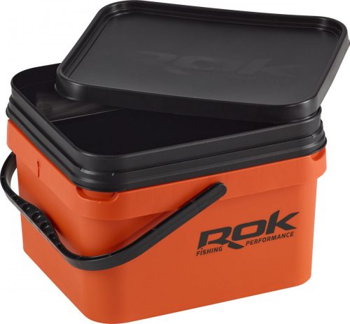 ROK 10 literes Szögletes Csalis vödör + betét + tető szett - Square Bait Bucket + Basin Black set - Narancs